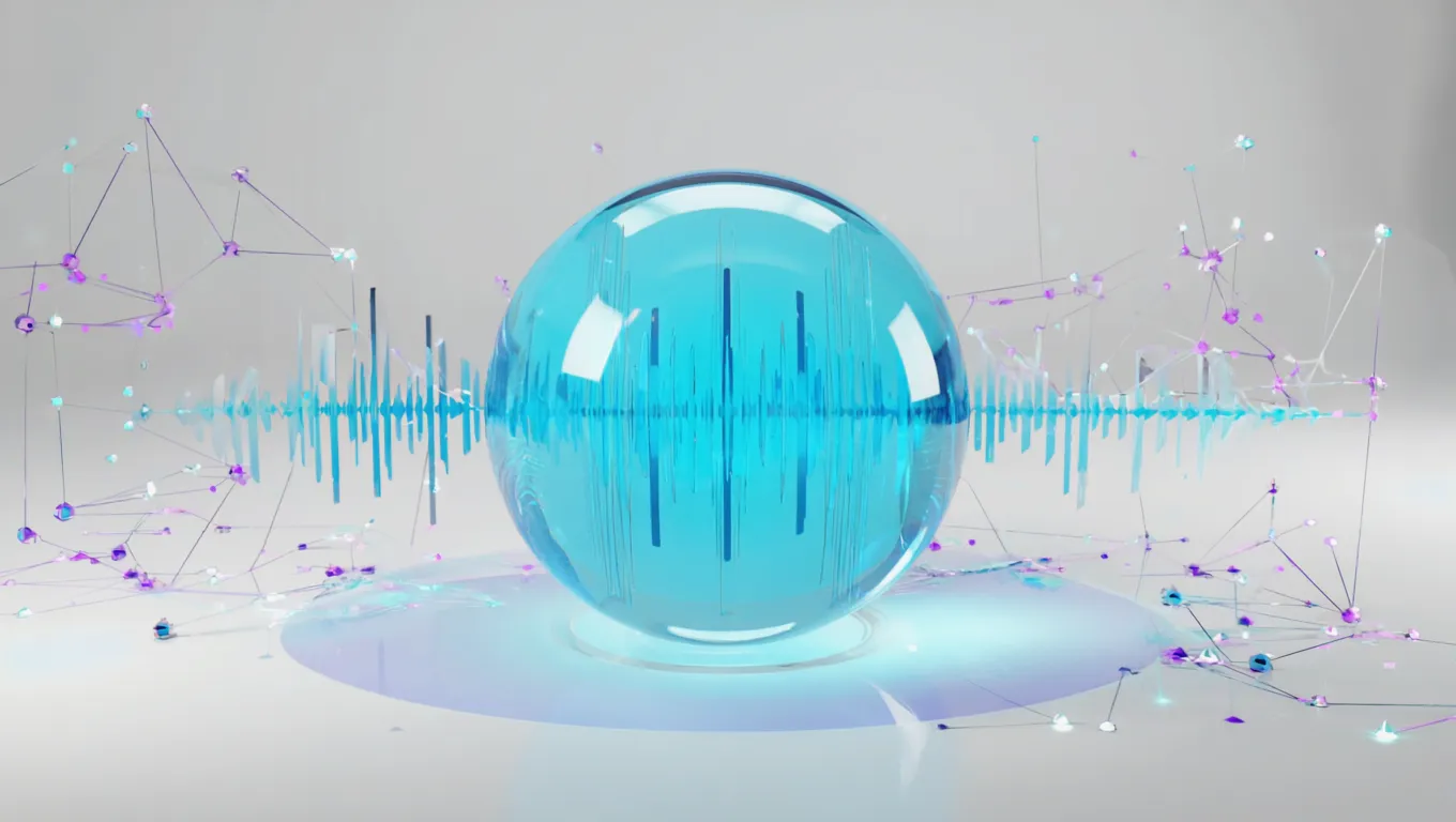 Abstract illustration of an AI voice agent: a glowing blue sphere with sound waves and a network of connected nodes