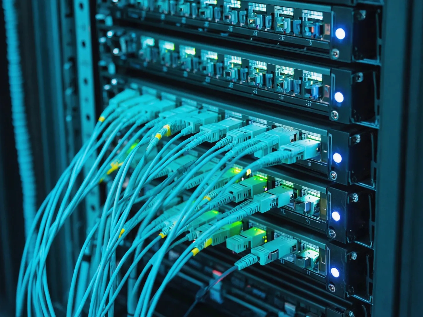 Coherent optical transport shelves in a data center rack with aqua multimode fiber patch cords and blue status LEDs
